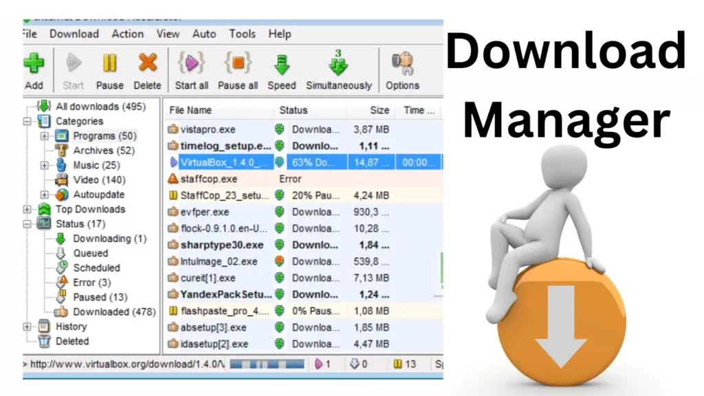 Image is about free download managers. Left side image showing download manager. On the top right side is written Download manager in bold format. Below of that a man sitting on a download icon.