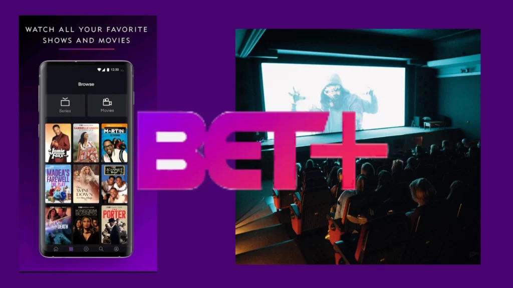 Bet Plus Activate. Light violet background with bet Plus app screenshot and theatre screen on right.