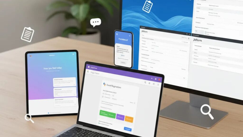 Best Online Form Builder is digitalillustration showing various online form builder interfaces on different device screens with icons representing data collection, surveys, and efficiency.