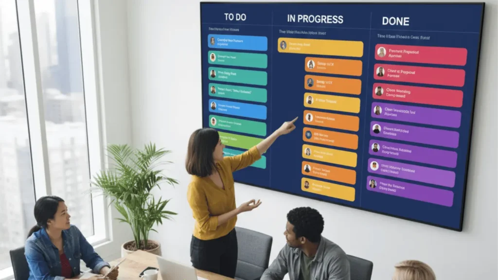 Team members collaborating around a meeting table with a large digital Kanban board displaying 'To Do,' 'In Progress,' and 'Done' columns. A woman points to the board while others work on laptops, demonstrating visual project management and teamwork.