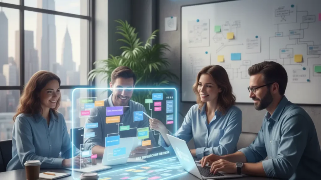 Four diverse professionals collaborating around a holographic interface displaying a no-code app development workflow in a modern office, No-code app builders